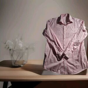 Bugatchi‎ Mens 16.5 32/33 Pink White Striped Dress Button Long Sleeve Shirt 816
